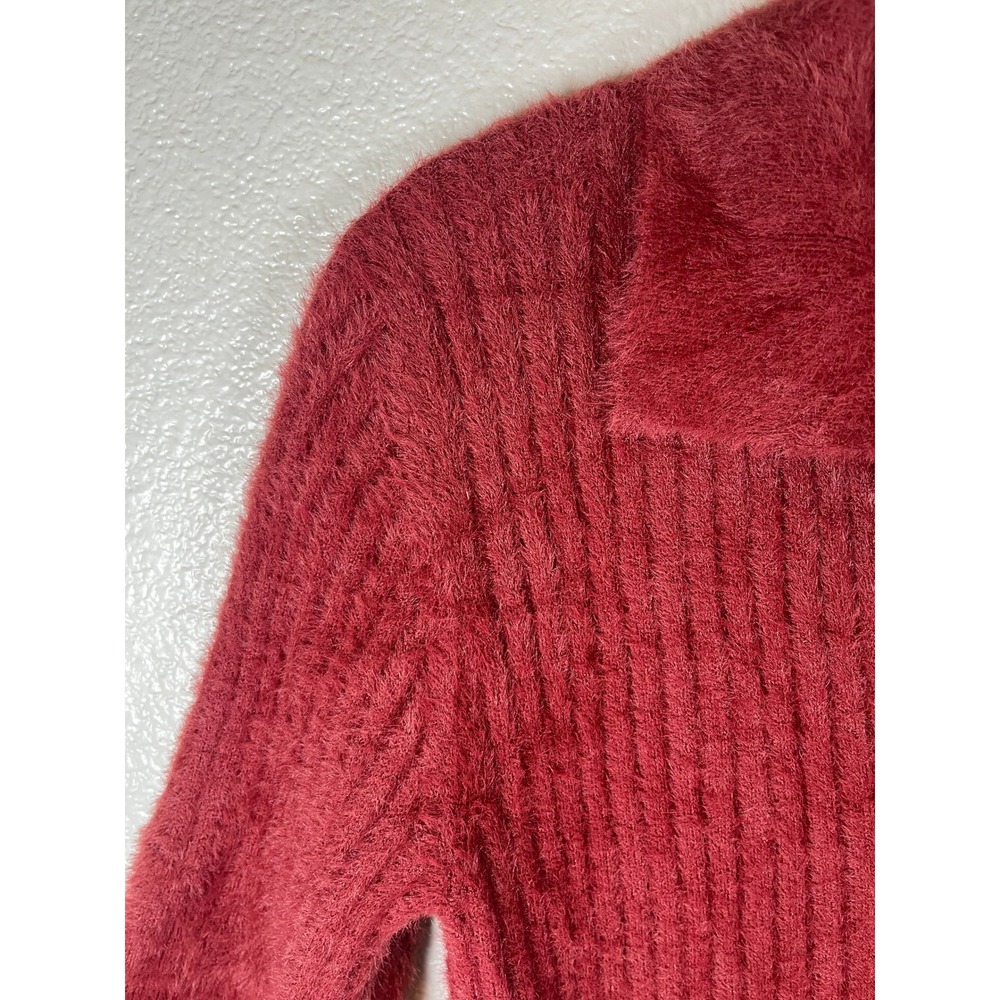 Anthropologie Bailey 44 Fuzzy Knit Short Sleeve Polo Sweater Ribbed Rust Medium - Picture 4 of 7